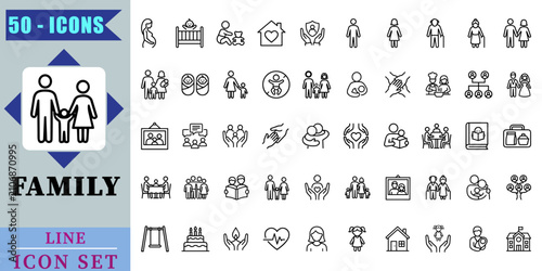 Family Parenting Childcare and Home Life Line Icon Set. Vector Illustration
