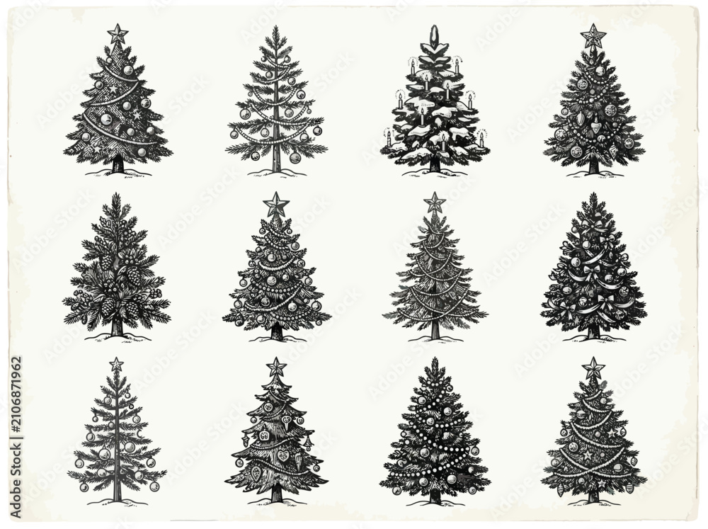 Obraz premium Collection of vintage style ink sketch christmas trees for holiday design