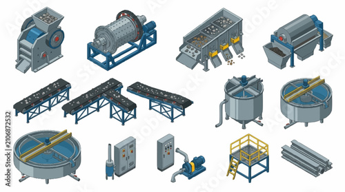 Foto Industrial machinery and equipment collection in isometric view.