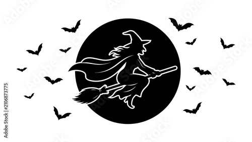 Fotografía Halloween Witch Silhouette: A classic Halloween scene featuring a witch silhouette in mid-flight on her broomstick against a full moon, surrounded by fluttering bats