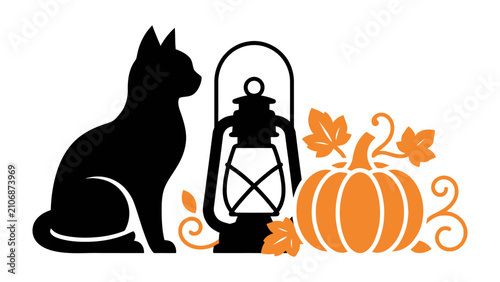 Black Cat with Lantern and Pumpkin: A stylized black cat sits beside an old-fashioned lantern and a festive pumpkin, evoking the spirit of autumn and Halloween.