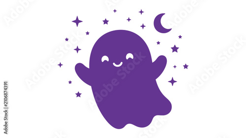 Fotografie Cute Purple Ghost with Stars and Moon: A charming, cartoonish purple ghost with a sweet smile floats happily among twinkling stars and a crescent moon