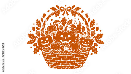 Fotografie Halloween Harvest Basket: An intricately designed illustration depicts a woven basket overflowing with autumnal bounty, featuring carved pumpkins with spooky grins and assorted gourds