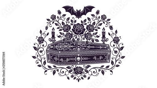 Photography Gothic Elegance: An ornate coffin adorned with floral motifs, candles, and a bat silhouette, evoking a sense of dark romance and mystery