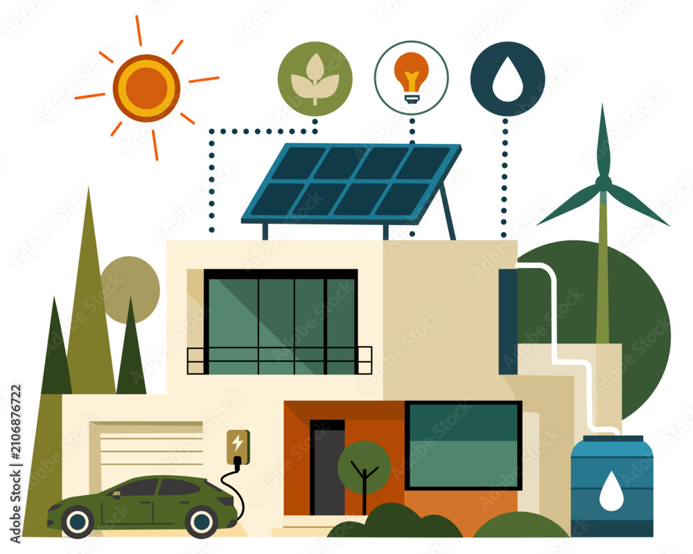 Fototapeta premium Modern Eco Smart House with Solar Panels, Electric Vehicle Charging, Renewable Energy and Sustainable Living Flat Vector Illustration