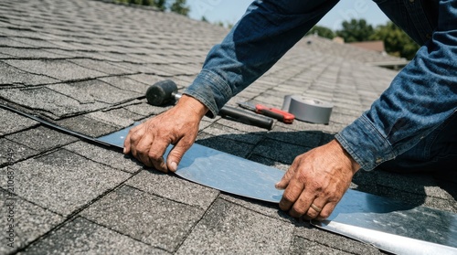 Roofer installing metal flashing on asphalt shingles during roof repair