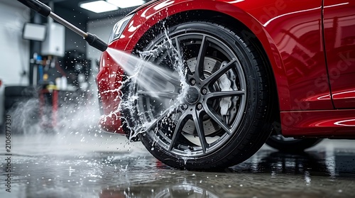 High pressure water spray washing red vehicle alloy wheel in professional on transparent background