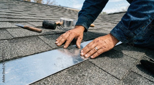 Closeup of a roofer installing metal flashing on a shingled roof