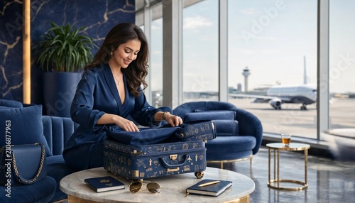 Woman Packing Luggage in Airport Lounge