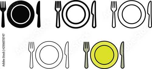 Vászonkép Dining Icon Set – Fork, Plate and Knife Vector Collection