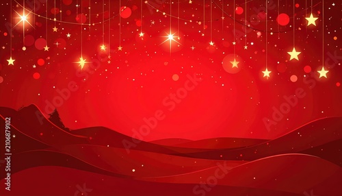 Red holiday backdrop featuring glowing stars, bokeh lights, and undulating hills in deep shades of festive crimson