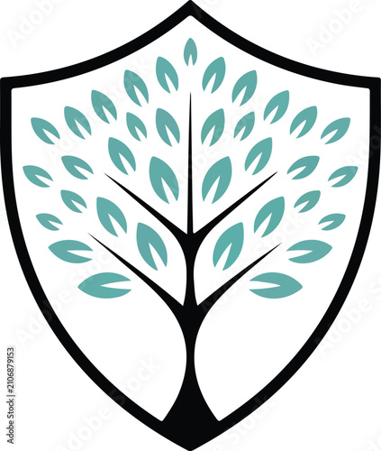 Tree Shield Logo with Green Leaves Vector Illustration