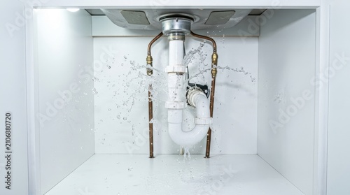 Severe water leak from a white plastic ptrap pipe under a kitchen sink