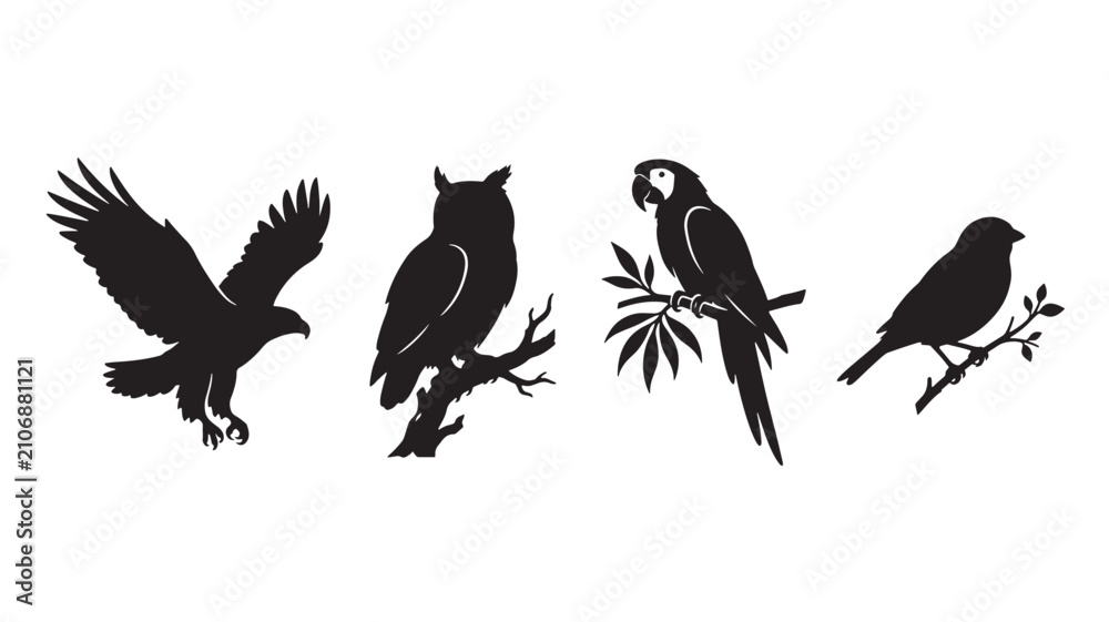 Fototapeta premium Bird Silhouettes Set of Four Black Songbirds Perched on Branches with Wings Spread for Nature Icon Design