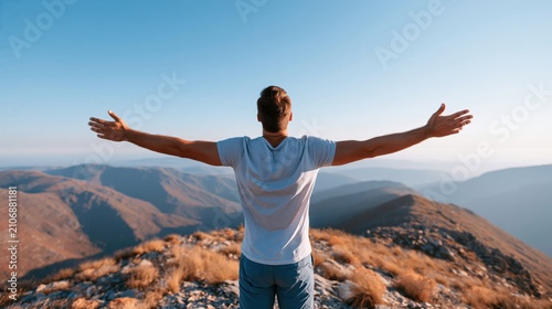 Man standing on a mountain peak with arms outstretched facing a vast landscape