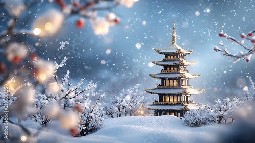 Snow covered pagoda in winter wonderland scene with fairy lights.