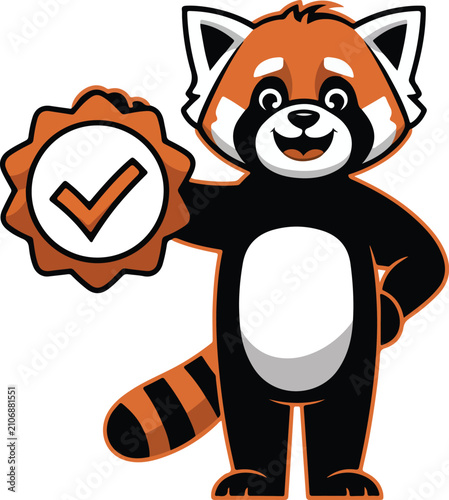 Cute Red Panda Holding Verified Approval Badge Vector Illustration