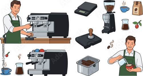 Photos Professional barista vector set with cartoon character making latte art espresso
