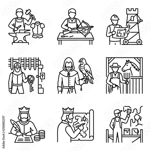 фотографія Medieval Professions Icons: Blacksmith, Archer, Architect, Knight, Falconer, Sta