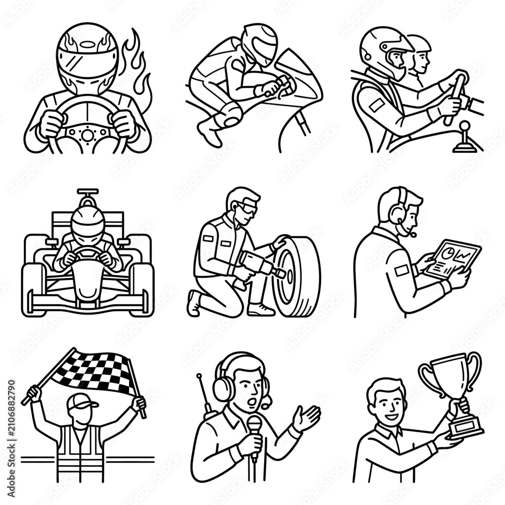 Obraz premium Racing Theme Icons: Drivers, Pit Crew, Officials, Trophy, Checkered Flag