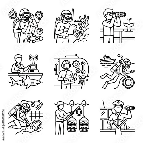 Foto Oceanography and Marine Science Icons: Diving, Research, Exploration, and Naviga