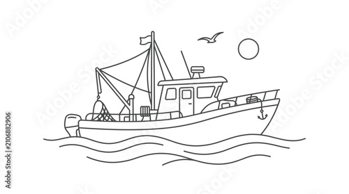 Quadro su tela Fishing boat sailing on calm sea with fishing nets and equipment