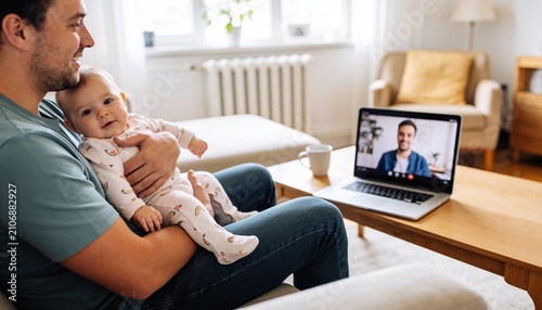 Father holding infant while having a video call on a laptop in a bright living room, digital communication and family connection for remote lifestyle and social bonding