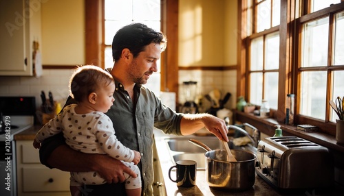 Father holding baby while cooking in a sunlit kitchen at home, multitasking parent preparing a healthy meal for the family during a morning routine