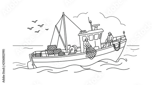 Canvastavla Fishing boat crew hauling large net at sea