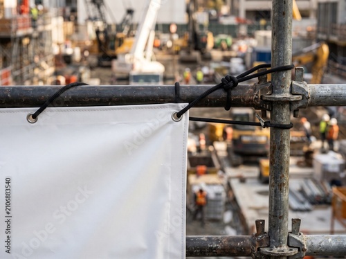 White Vinyl Banner Mockup on Scaffolding at Construction Site