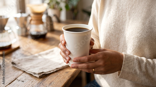 Close Up of Hands Holding Warm Paper Coffee Cup in Cozy Cafe