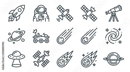 Cuadro en lienzo Space Exploration Icons: Rocket, Astronaut, Satellite, Telescope, Planet, Rover,
