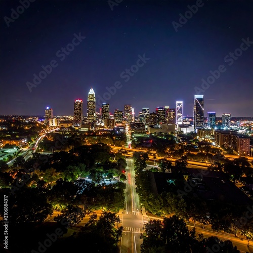 A nighttime aerial view of a cityscape with illuminated skyscrapers and streets surrounded by trees