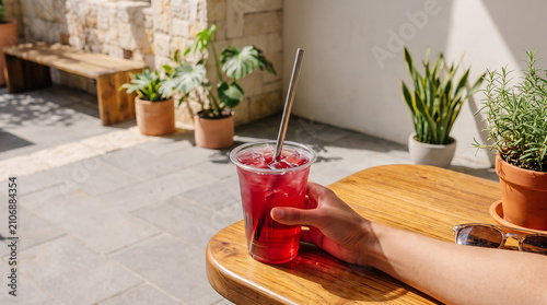 Hand Holding Refreshing Red Iced Tea with Metal Straw Outdoors
