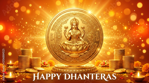 Golden Goddess Lakshmi Coin with Oil Lamps and Glowing Dhanteras Festival Background