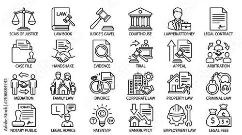 Collection of black and white icons representing various legal and government services.