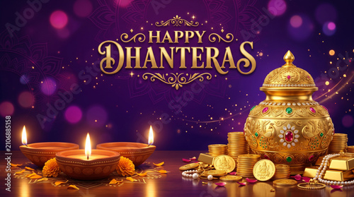 Happy Dhanteras Festival Banner with Decorative Gold Kalash, Coins, Oil Lamps and Purple Festive Background