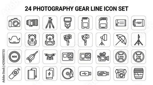 Collection of Twenty Four Line Icons Representing Photography Gear and Accessories.