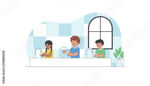 Diverse group of young children practice good hygiene by washing hands at a communal school sink.