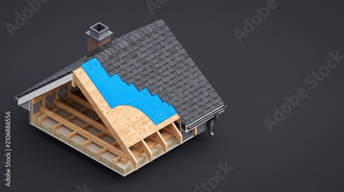 3D isometric cutaway cross section of house roof construction
