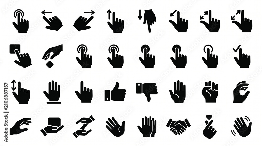 Fototapeta premium Collection of diverse hand gesture icons featuring signs, gestures, pointing, thumbs up, peace signs, and communication symbols in black.