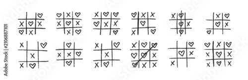 Hand drawn tic tac toe game, doodle X-O elements. Hearts and cross marks. Vector illustration on a white background.