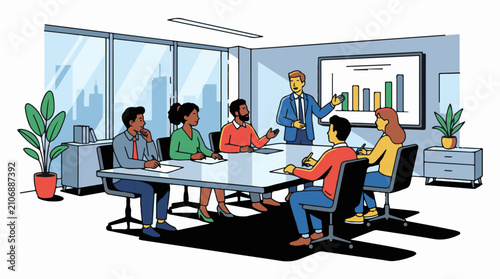 Diverse team in meeting room discusses growth chart on screen
