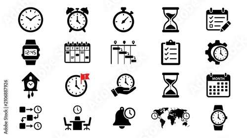 Collection of icons representing time management, deadlines, and scheduling.