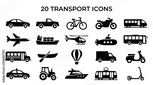 Collection of diverse transportation icons representing various modes of travel and movement.