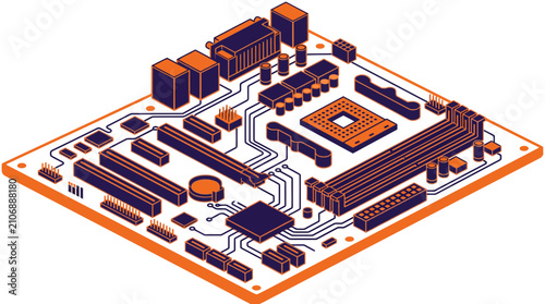 Tableau sur toile Isometric Computer Motherboard with Circuits and Components, Digital Technology