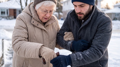 caregiver elderly woman walking winter support mobility safety senior outdoors A male aide helps an older client walk along a snowy street expressing trust dignity accessibility and reliable home care