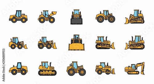 Collection of colorful construction vehicle flat icons set.