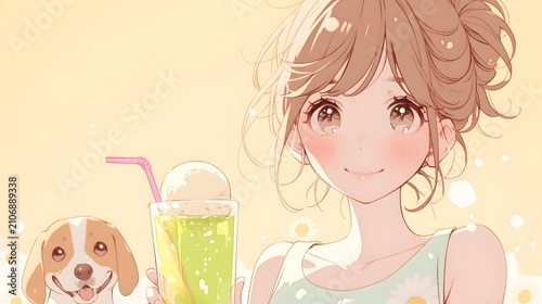 Soft Pastel Anime Illustration of Young Woman with Dog