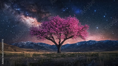 Pink Blossom Tree Under a Starry Night
